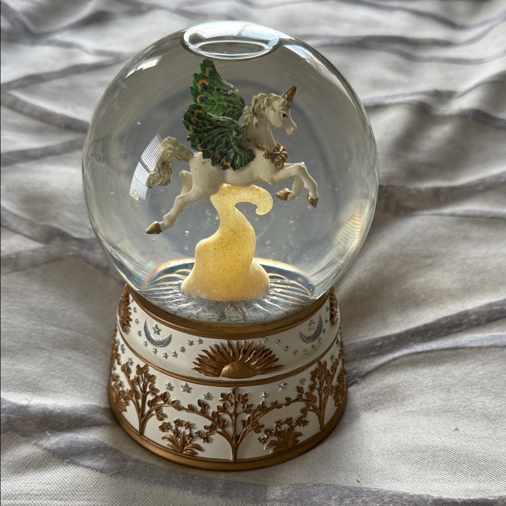 Majestic Unicorn Snow Globe with Gold and Green Details